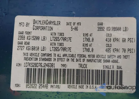 2006 Dodge Ram 2500 Slt/Sport из США, поврежденный, VIN 1D7KS28D76J246381